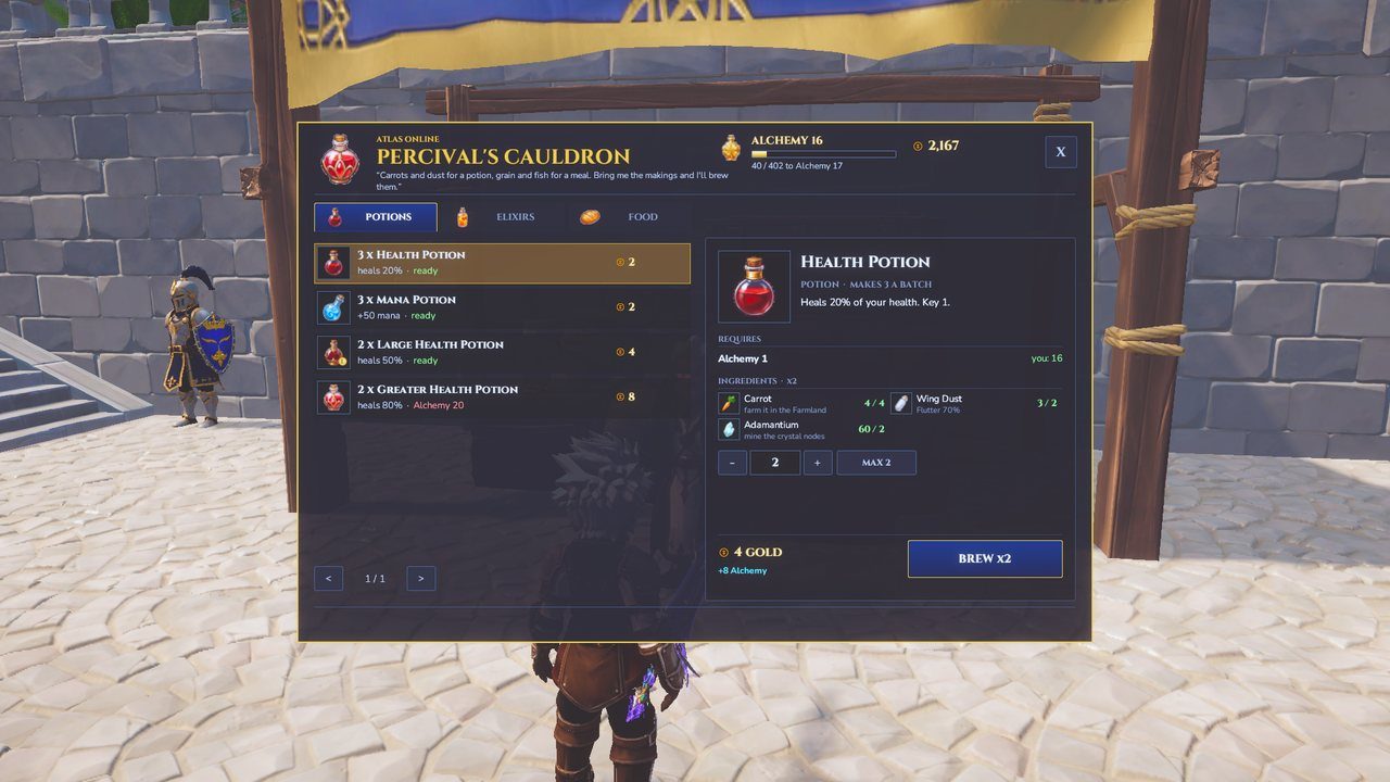 The cauldron window on the potions tab.