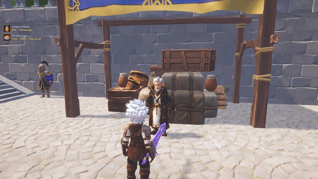 The health bar with an elixir and a meal shown under it, each with its time left.