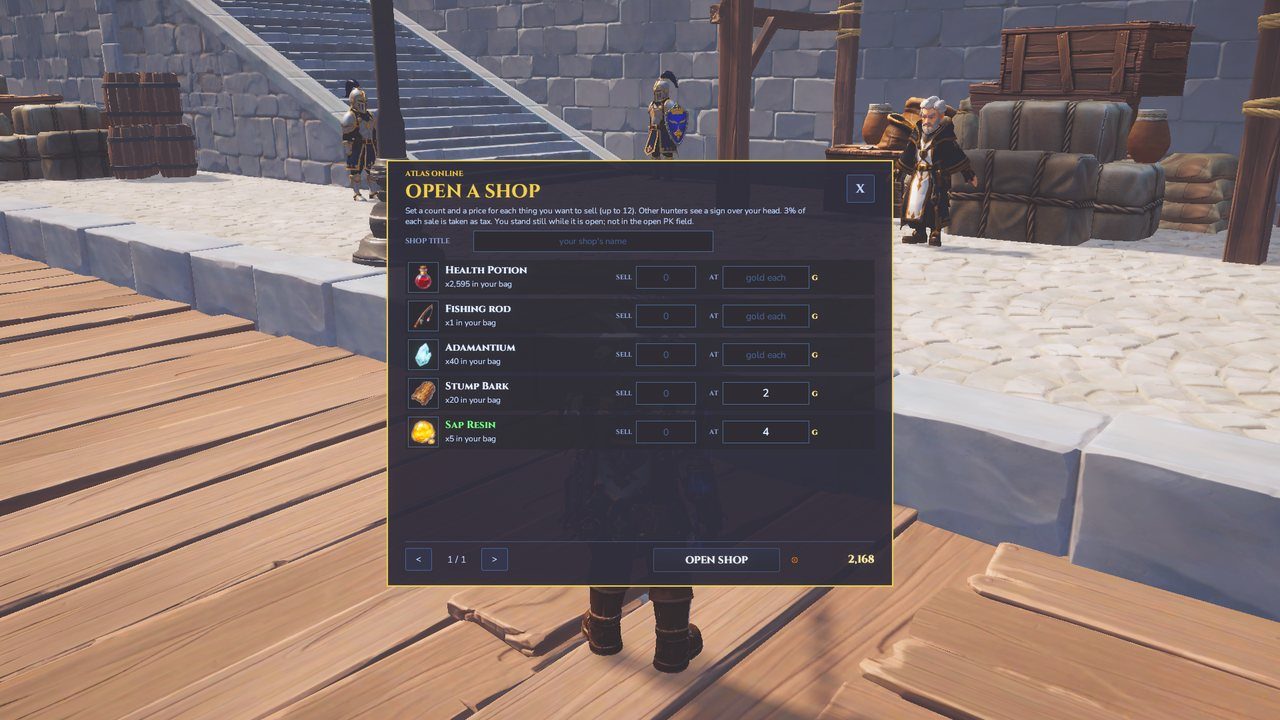 Setting up a vending shop from the bag: counts and prices.