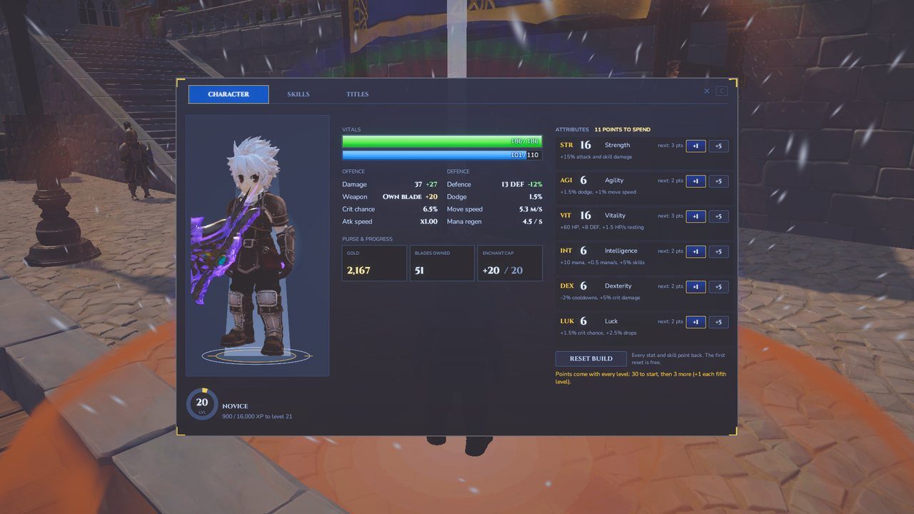 The character sheet's stats page with six stats and plus buttons.