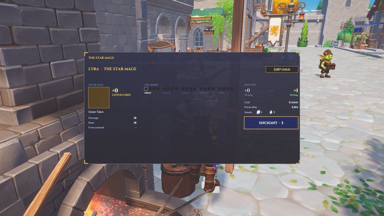 Lyra's enchant window showing the next step's gold and materials.