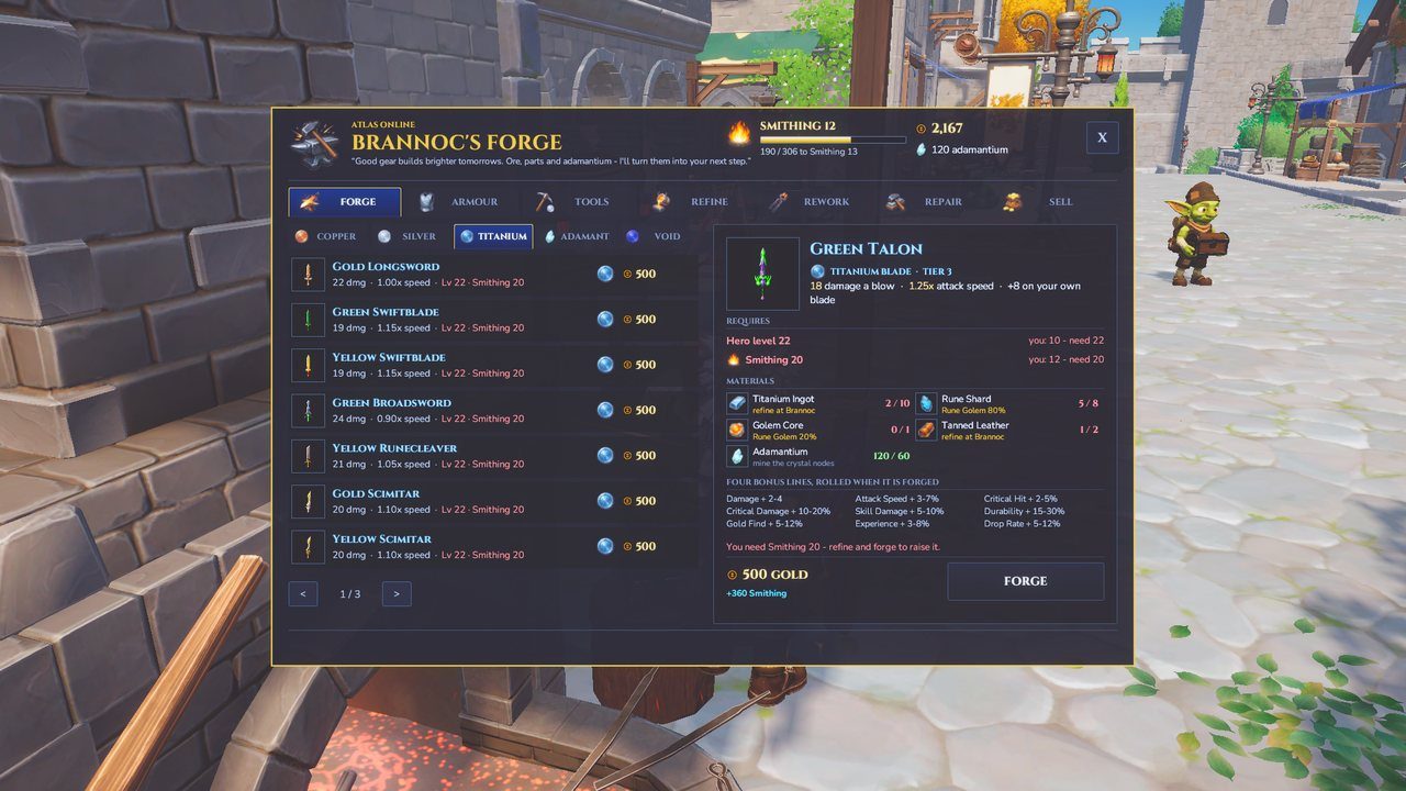 Brannoc's forge window showing a titanium blade card with its materials.
