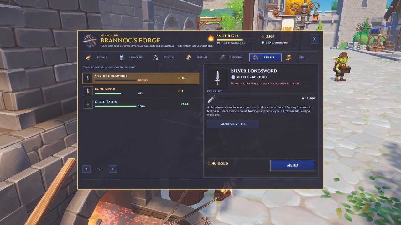 The repair tab showing a worn blade and its fee.