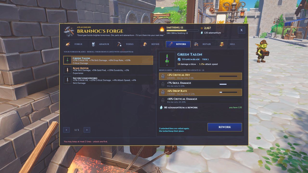 The rework tab with four bonus lines, two of them locked.