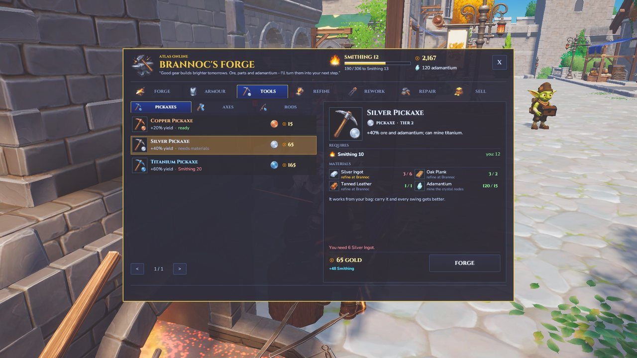 Brannoc's tools tab with pickaxes, axes and rods.