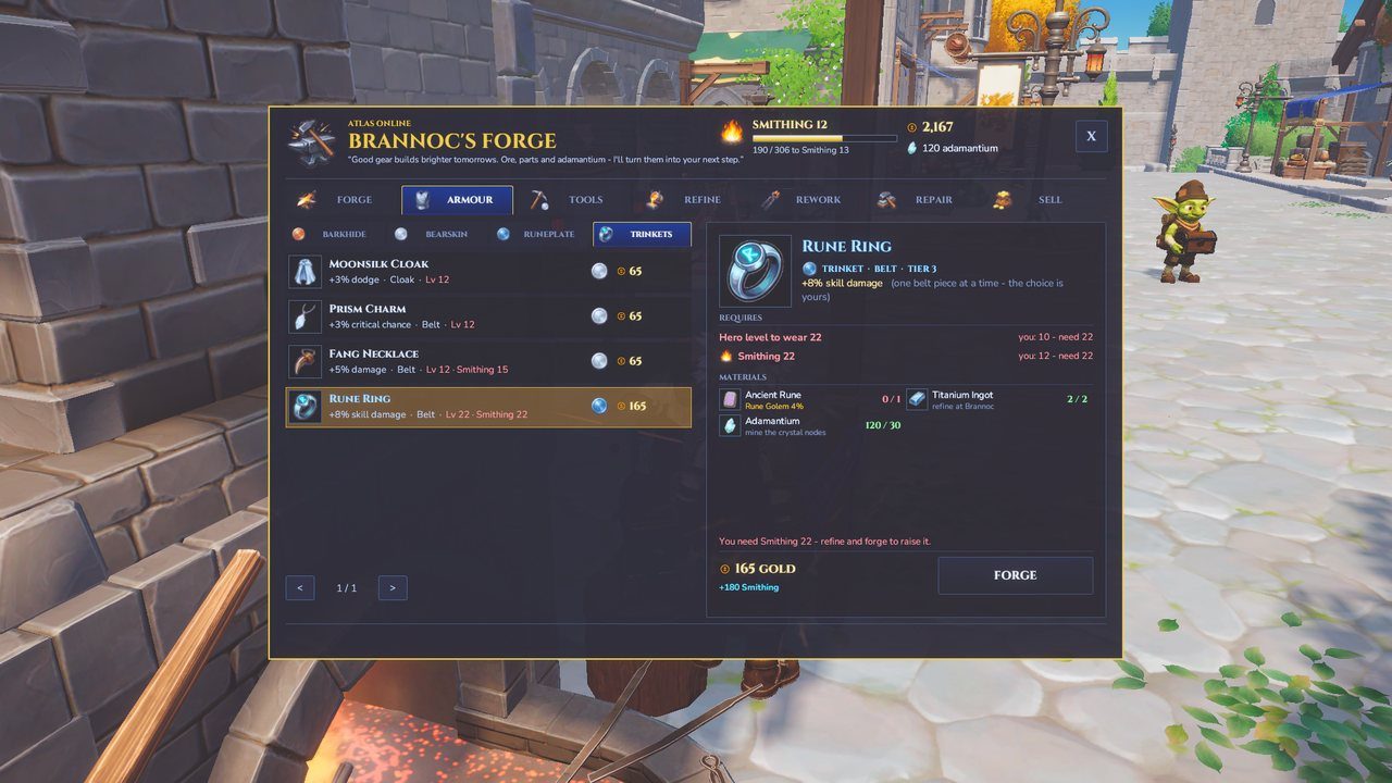 Brannoc's armour tab showing the four trinkets.