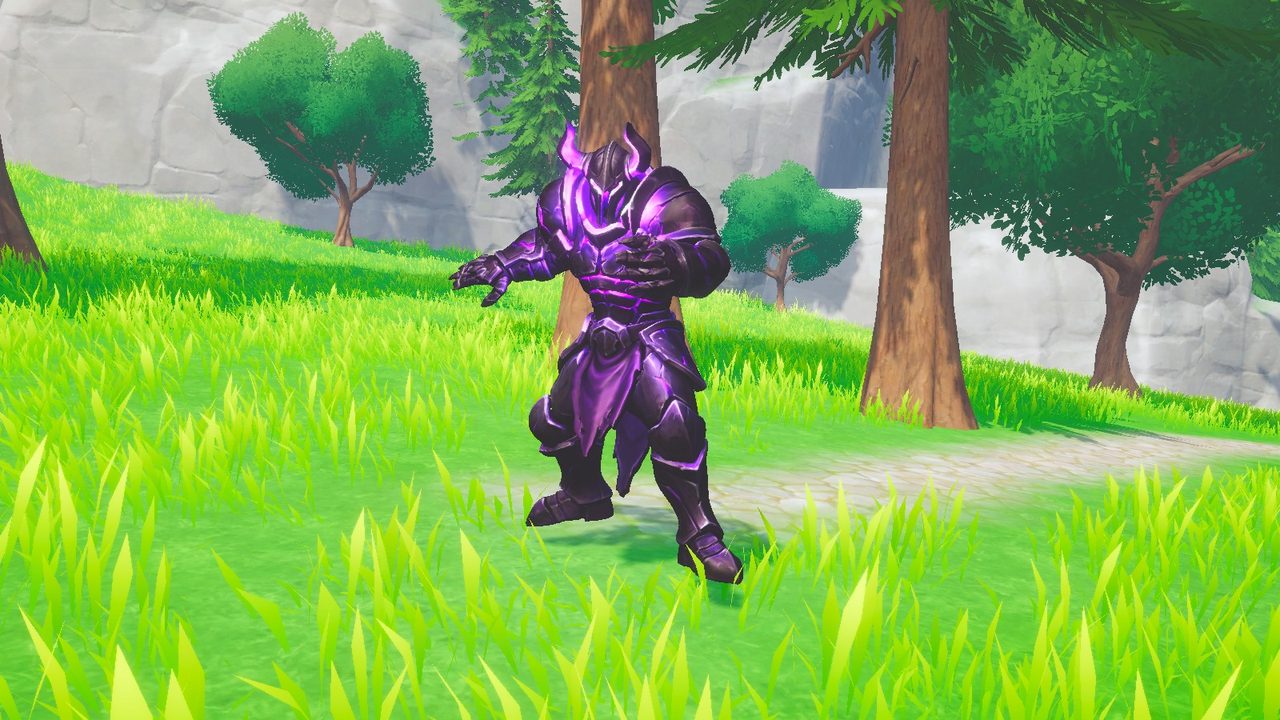 A towering horned knight in dark armour with glowing violet cracks.