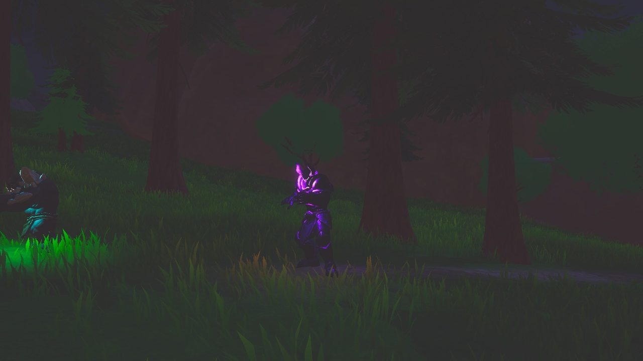 A dark night meadow with the violet glow of the Void Knight between the trees.