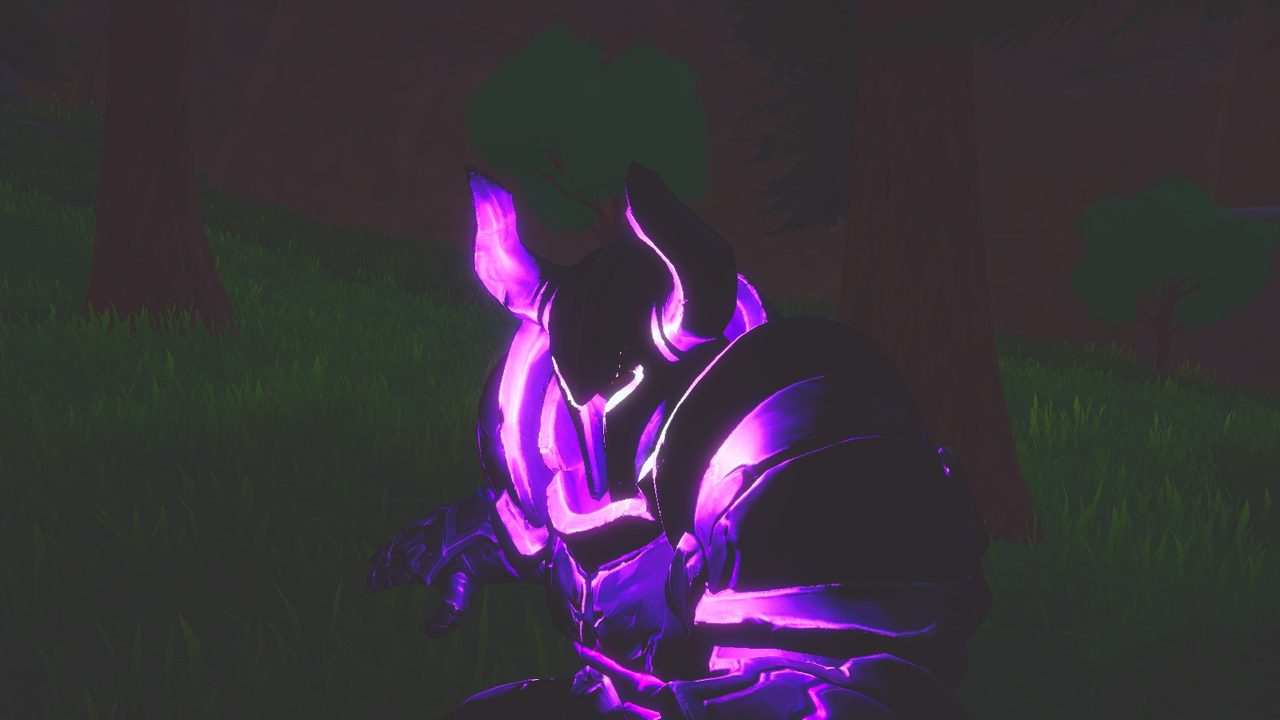 Close-up of the Void Knight at night, its horned helm and armour cracks glowing violet in the dark.