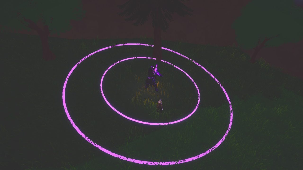 Two glowing violet rings on dark grass around the Void Knight and a hunter at night.