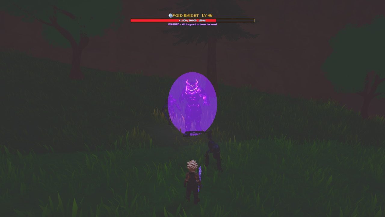 The Void Knight inside a violet bubble at night, a hollow soldier beside it, and the boss bar reading WARDED at 69% health.