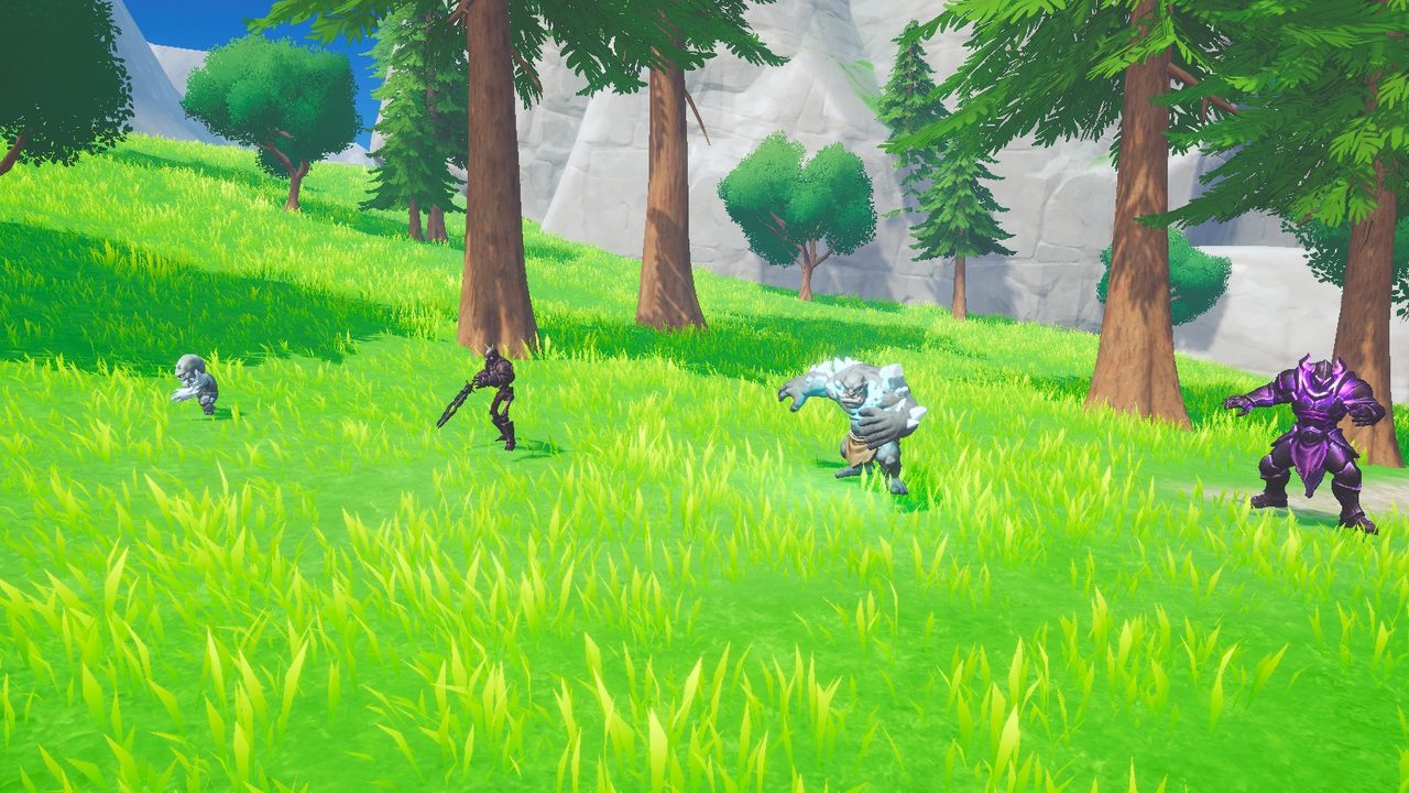 A shardling, a hollow soldier, the Crystal Troll and the Void Knight standing in a row in a sunny meadow.
