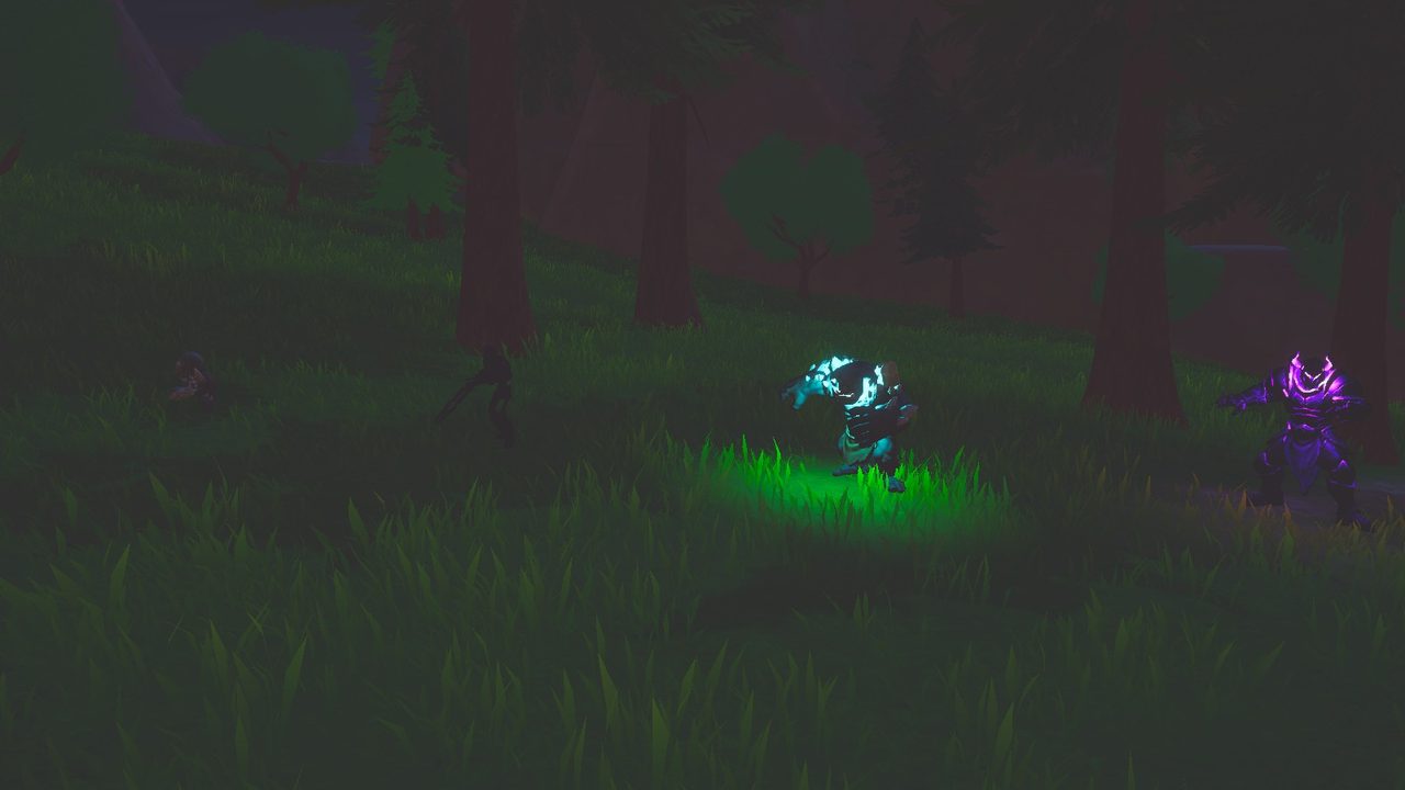 The four frontier creatures at night; the troll's crystals and the knight's armour glow.