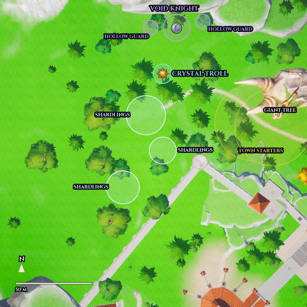 A map of the meadow seen from above, marking the Void Knight's lair and its two guard posts by the northern cliffs, the Crystal Troll's ground in the middle, three shardling packs, and the town's starter area by the giant tree.
