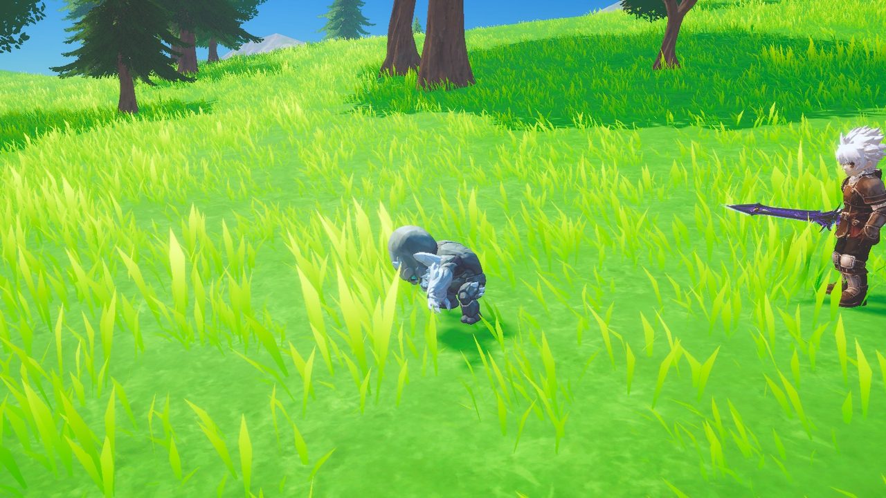 A small crystal shardling mid-leap across the grass towards a hunter.