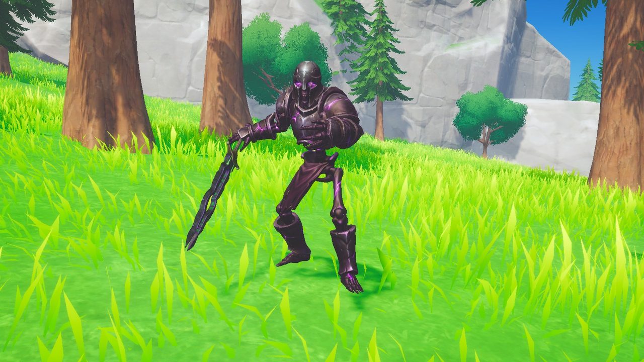 A skeleton in dark cracked armour leaking violet light, holding a black blade.