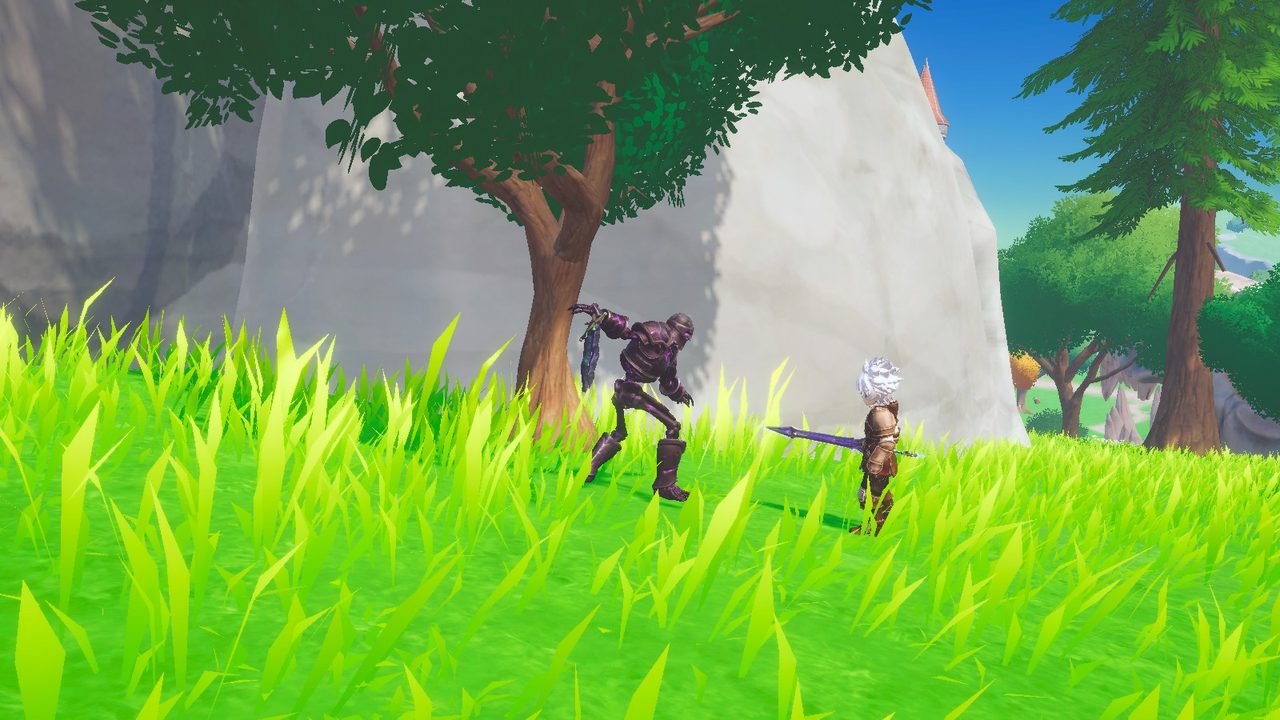 A hollow soldier in dark armour swinging its black blade at a hunter.