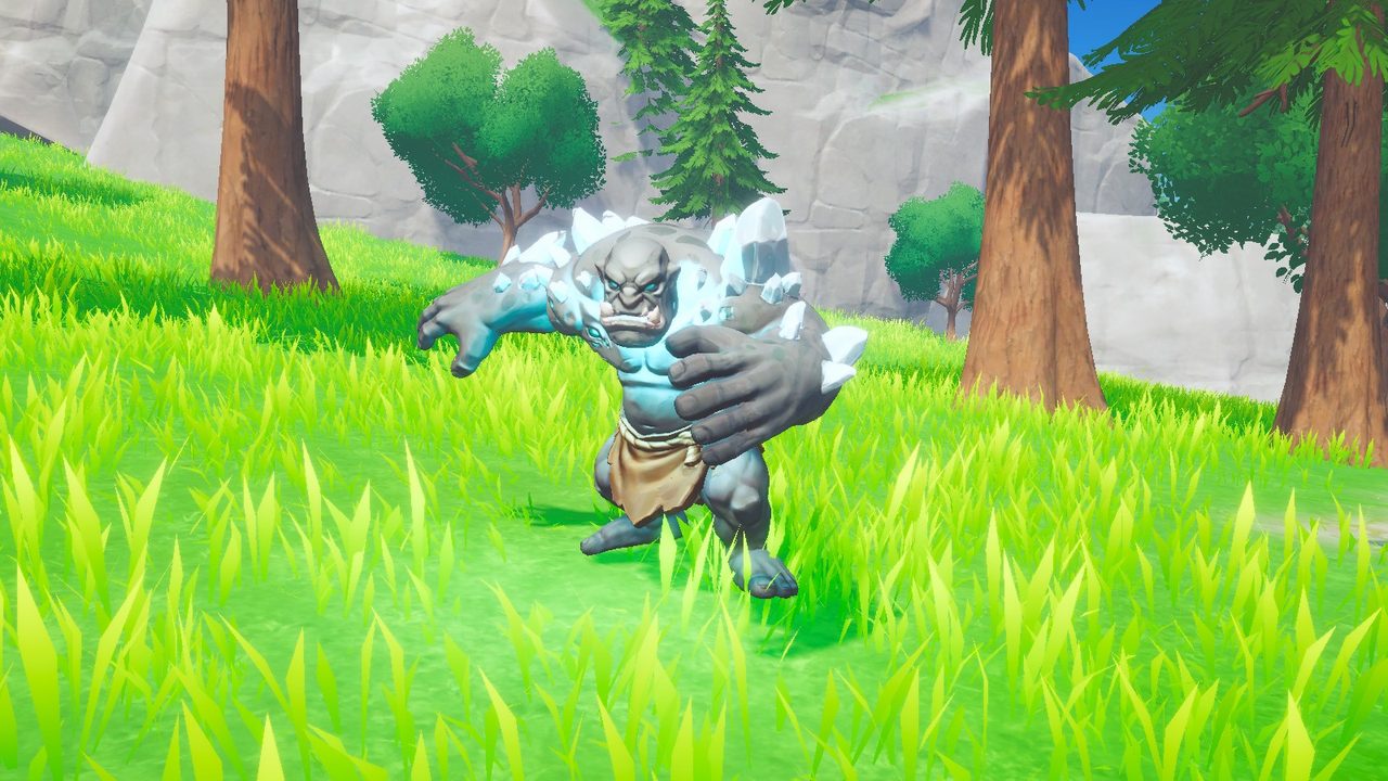 A grey-skinned troll with ice-blue crystals growing from its back and arms, in a loincloth.