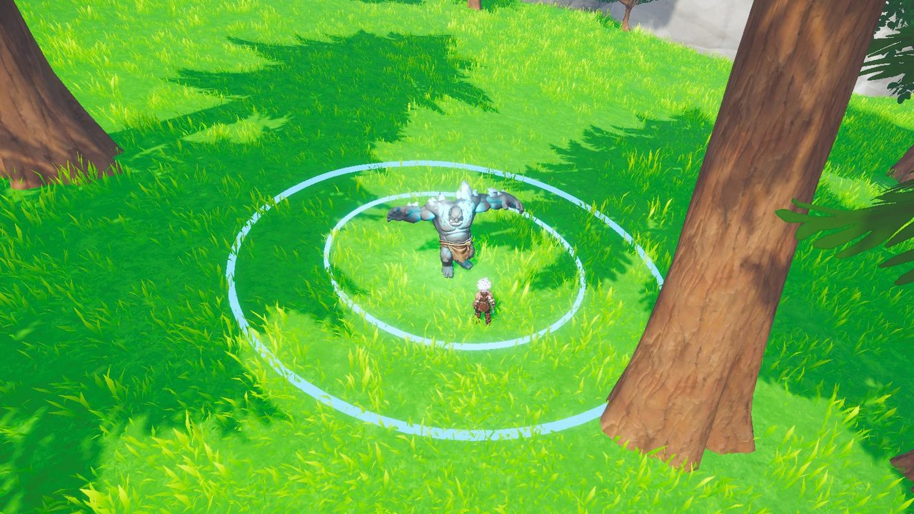 The Crystal Troll in a sunny clearing with pale blue rings spreading on the ground around it and a hunter inside the rings.