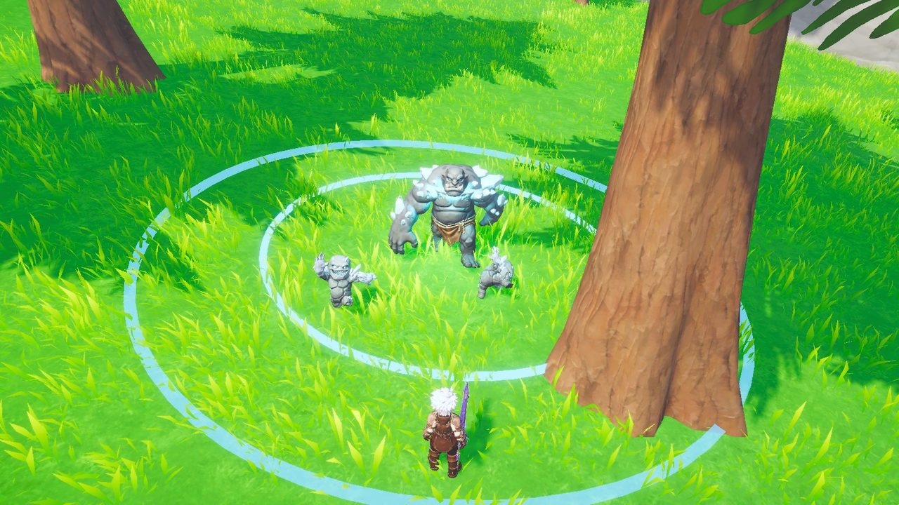 The Crystal Troll with three small shardlings around it, inside a pale blue ring, facing a hunter.