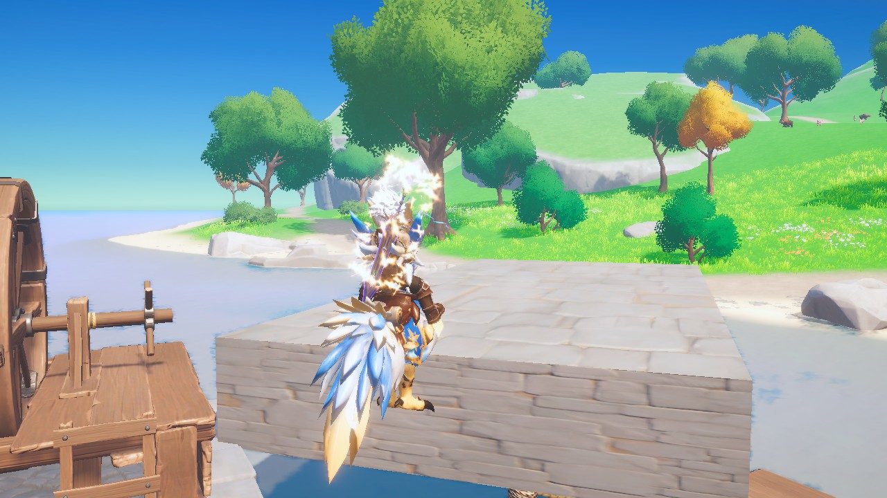 The Skyfeather leaping from a gallop towards the top of a stone block.