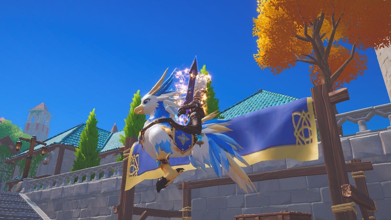 The Skyfeather in the air with her rider, wings flared and legs tucked, beside a town banner.