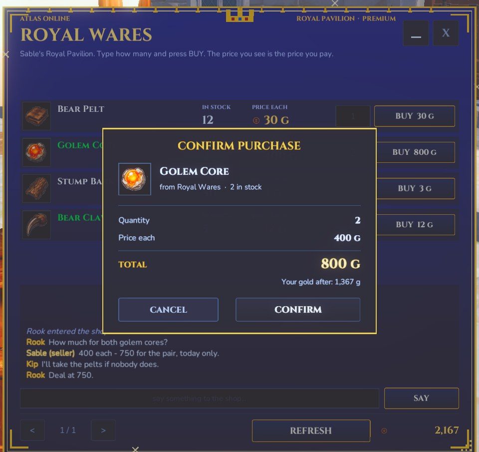 A shop window with a receipt over it: two Golem Cores at 400 gold each, 800 gold in all, the buyer's gold after, and CANCEL and CONFIRM buttons.