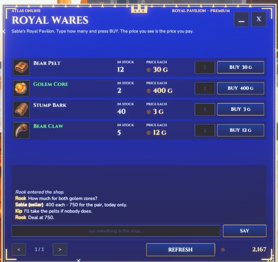 A shop window listing its goods with how many are in stock and the price of one in their own columns, a BUY button showing the total, and the shop's chat underneath.