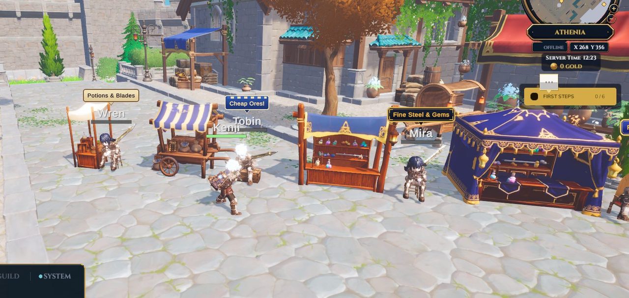Four hunters vending side by side in the town square, each seated beside a different stall, with each shop's name in a chat box over its seller.