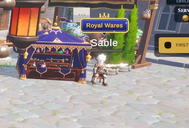 A royal blue and gold pavilion with lanterns, its seller seated beside it under a crowned title box.